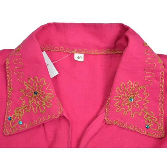 Embroidered Blouse Jewel Embellished Gold Paisley Hotpink Ethnic 3/4 Sleeves - Picture 7 of 8